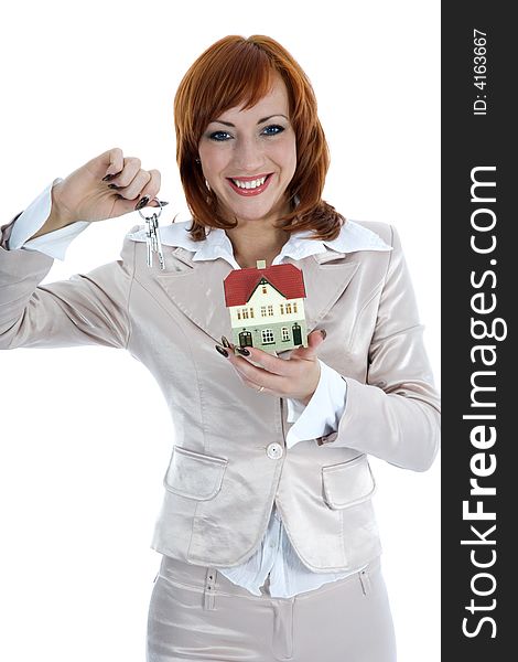 Business woman advertises real estate on isolated background