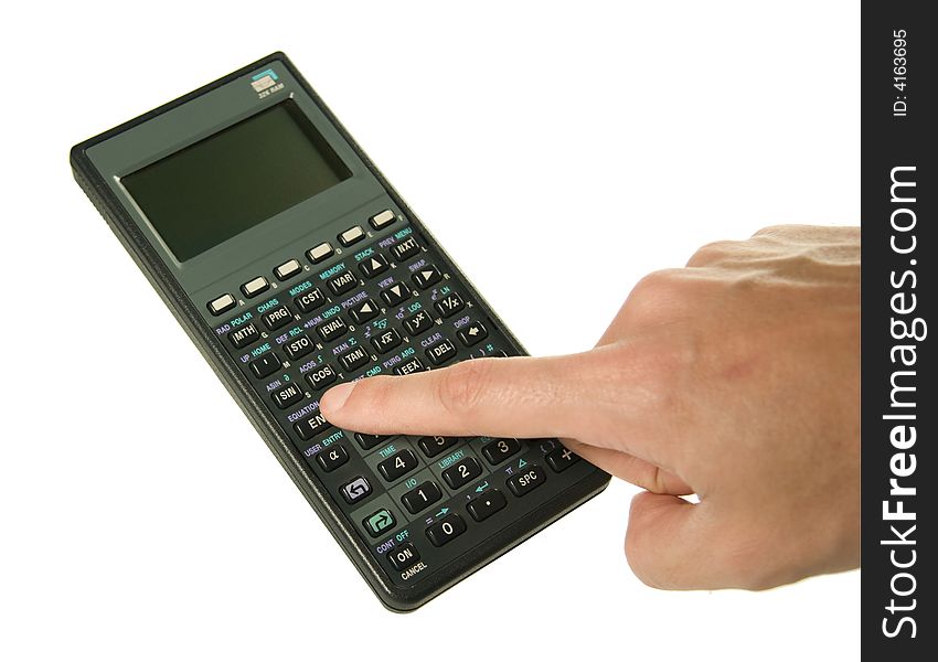 Scientific calculator with male hand. white background.