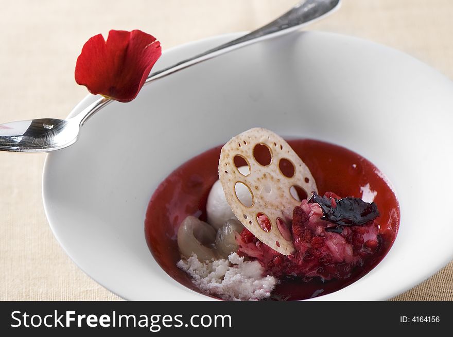 Dessert with icecream and fruit