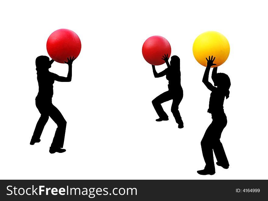 Abstract illustration. Silhouettes of girls playing volley-ball, by three balls. Black figures, coloured balls, white background. Abstract illustration. Silhouettes of girls playing volley-ball, by three balls. Black figures, coloured balls, white background.