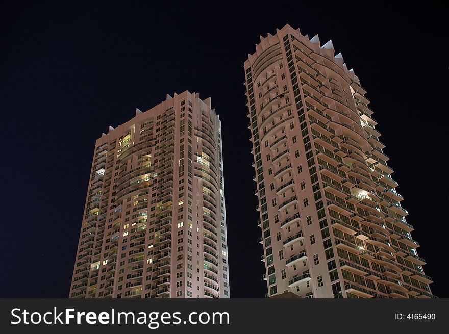 Two Miami High Rise Condos at Night