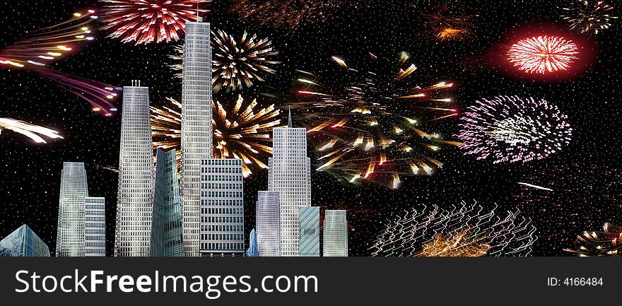 A city view of a firework celebrations. A city view of a firework celebrations