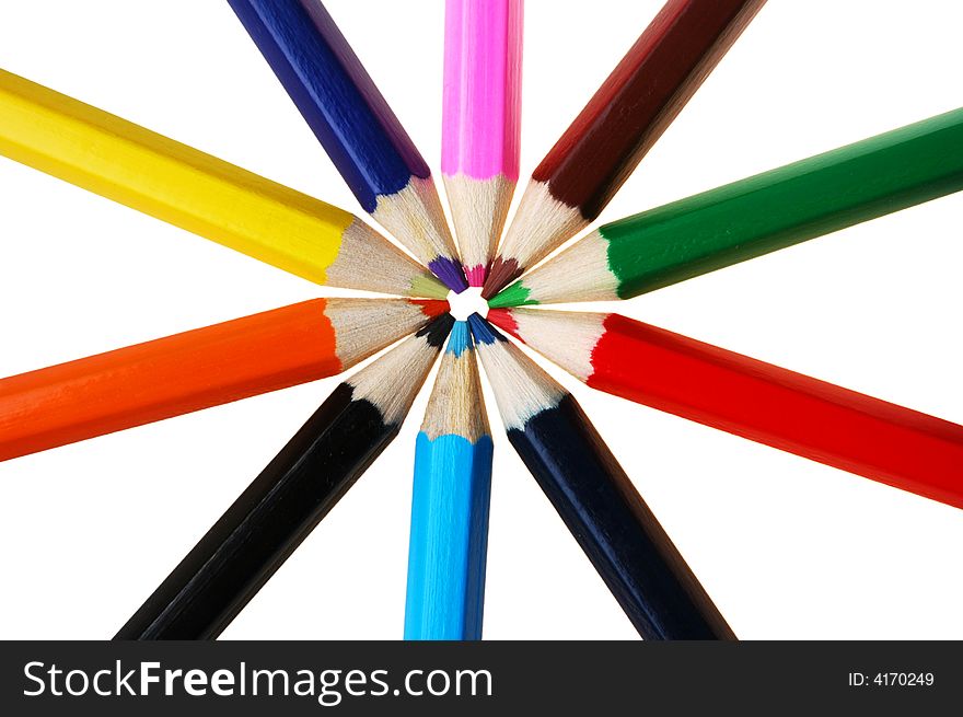 Colorful pencils in a circle isolated on white