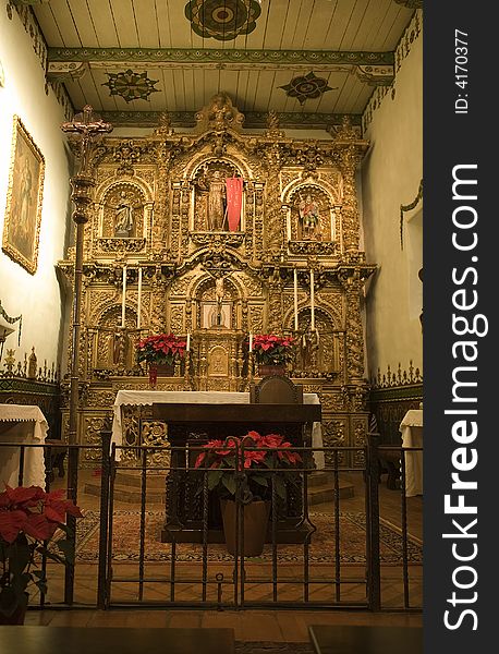 Mission San Juan Capistrano Church Alter at Christmas Close Up. Mission San Juan Capistrano Church Alter at Christmas Close Up