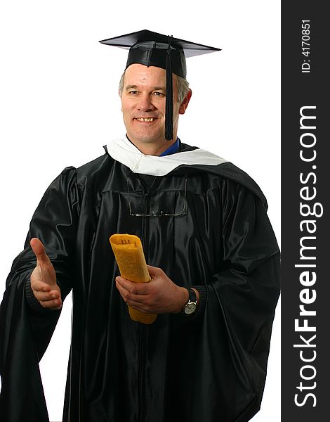 Professor wearing academic regalia with welcoming smile isolated on white space with diploma or degree. Professor wearing academic regalia with welcoming smile isolated on white space with diploma or degree