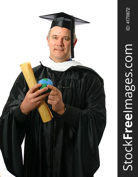 Professor wearing academic regalia with welcoming smile isolated on white space with diploma or degree and world in hand. Professor wearing academic regalia with welcoming smile isolated on white space with diploma or degree and world in hand