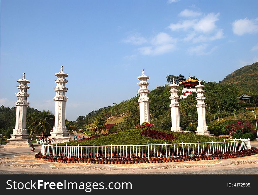 Stupa,tope ,A dome-shaped monument, used to house Buddhist relics or to commemorate significant facts of Buddhism or Jainism.Also called stupa ,Nanshan Buddhism Culture Garden,Hainan,China. Stupa,tope ,A dome-shaped monument, used to house Buddhist relics or to commemorate significant facts of Buddhism or Jainism.Also called stupa ,Nanshan Buddhism Culture Garden,Hainan,China