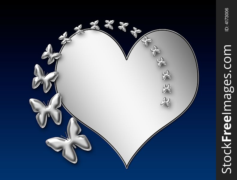Illustration Heart and Butterflys in silver. Illustration Heart and Butterflys in silver
