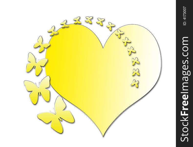 Illustration Butterflys and Heart, yellow. Illustration Butterflys and Heart, yellow