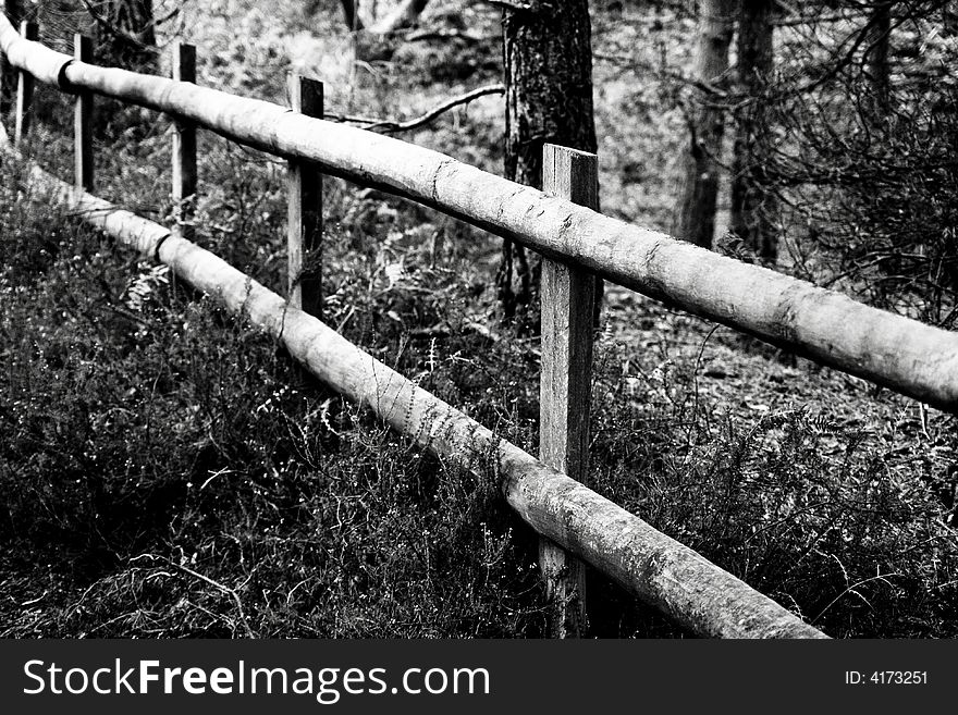 Wooden forest gate in black and white.