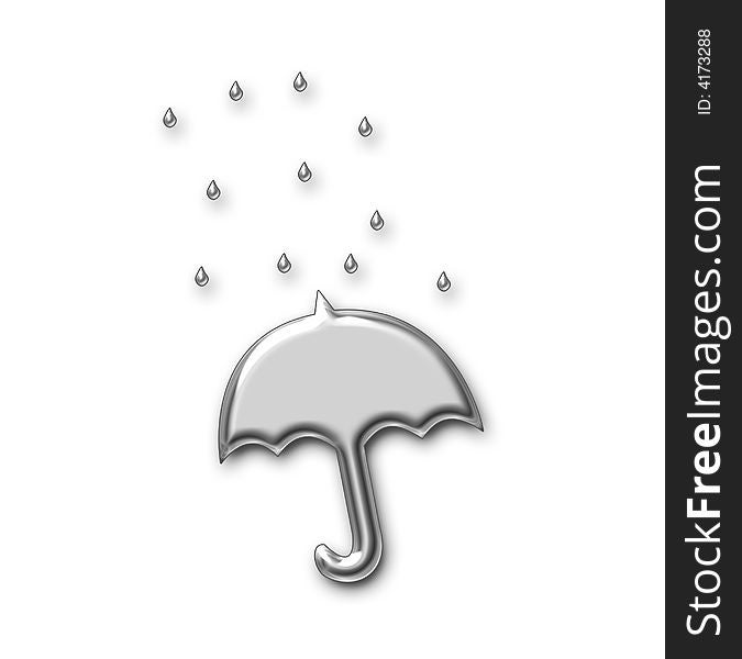 Silver umbrella illustration with falling raindrops.