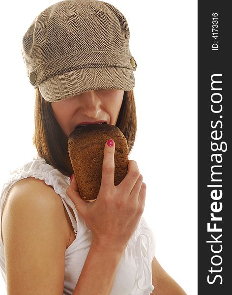 Country style girl bite piece of black bread. Country style girl bite piece of black bread