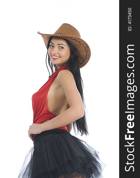 Sexy, smiling girl in cowboy hat on white background. Sexy, smiling girl in cowboy hat on white background