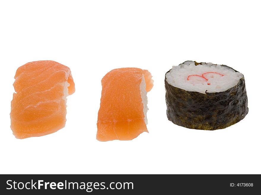 Sushi roll and salmon sushi isolated on a white background