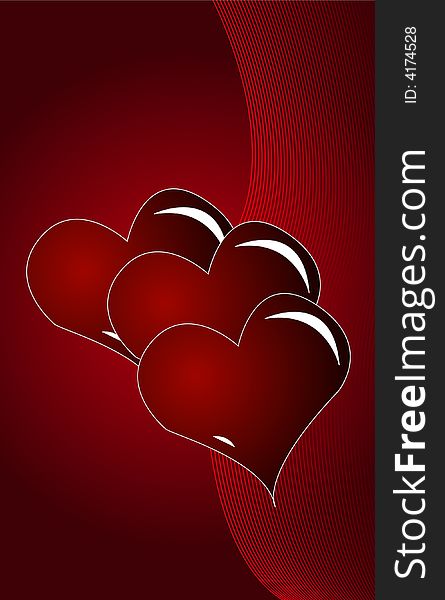 3 hearts on red background with some lines, vector illustration