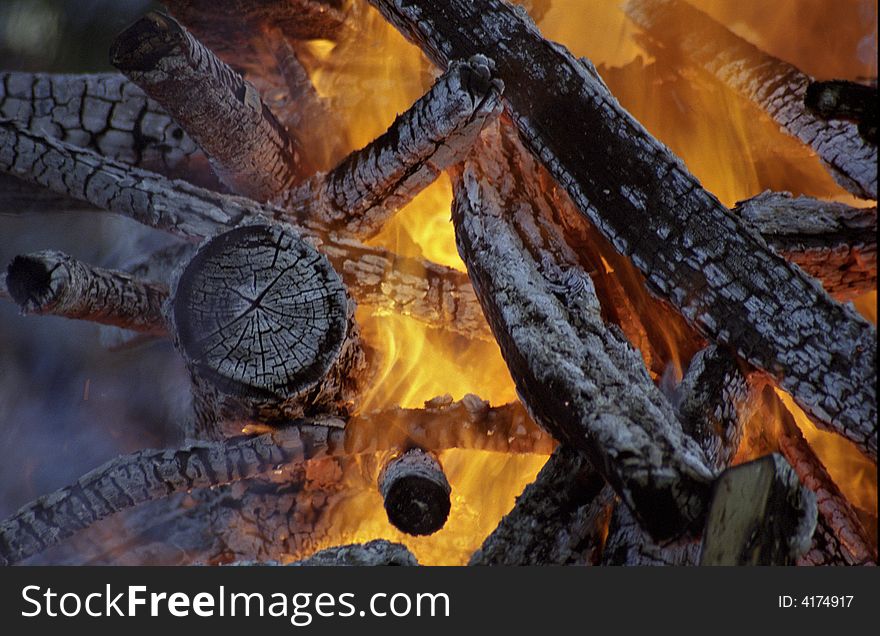 Bonfire close-up. Burning wood at night.