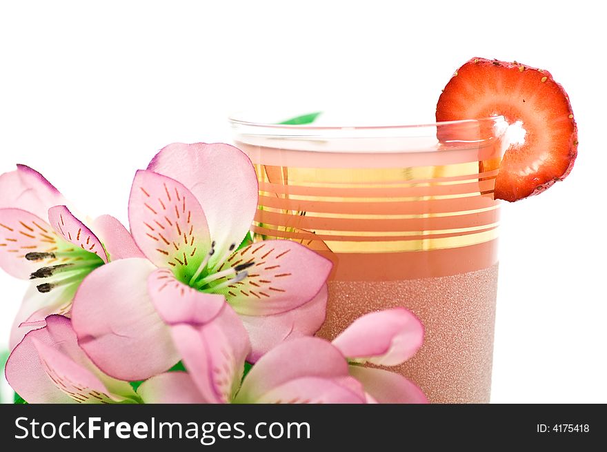 Strawberry lemonade and decorations on white background