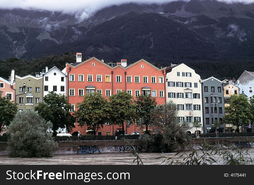 Salzburg colored homes in a day of rain. Salzburg colored homes in a day of rain