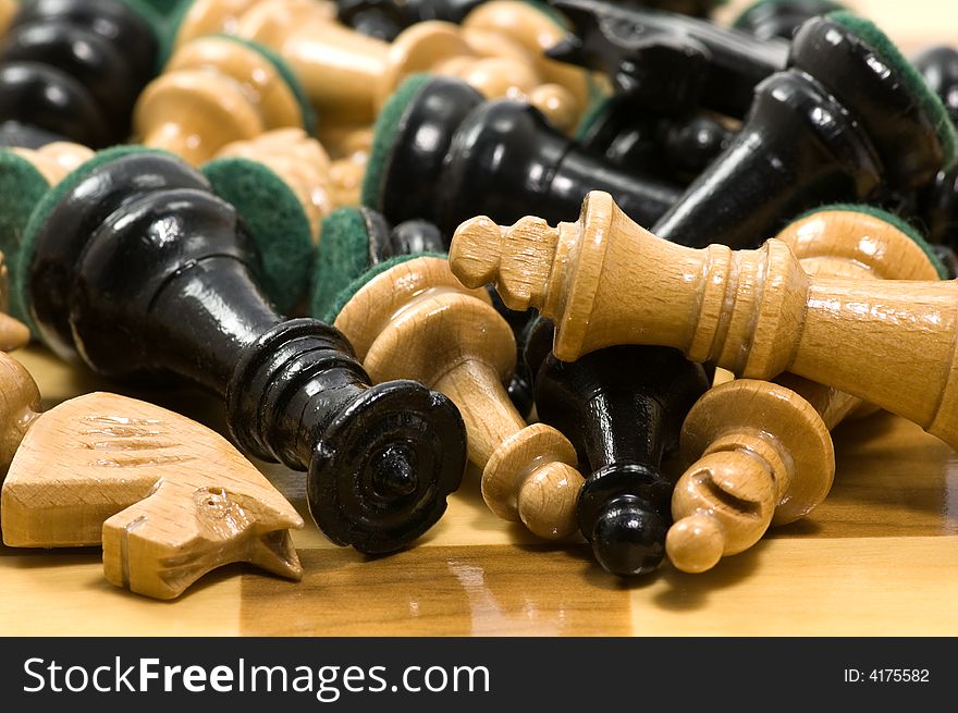 A pile of chess pieces close up