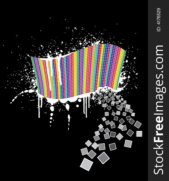 Vector illustration of a wavy rainbow wall full of squares with black ink splatter below it and white paint over it. Little squares falling away. Black background. Vector illustration of a wavy rainbow wall full of squares with black ink splatter below it and white paint over it. Little squares falling away. Black background.