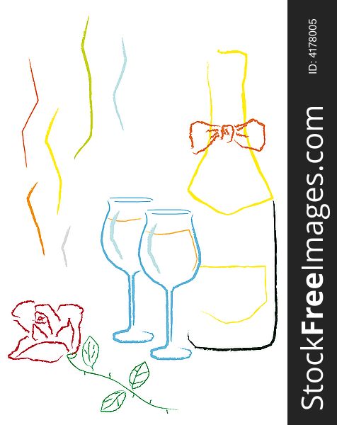 Two glasses with the refined wine for that loved are prepared in the romantic evening. This evening - Valentine's day or International Women's day on March 8, and can be in the honor of the forthcoming wedding.  Bow on the neck of bottle and the lying rose. Everything for the only. Two glasses with the refined wine for that loved are prepared in the romantic evening. This evening - Valentine's day or International Women's day on March 8, and can be in the honor of the forthcoming wedding.  Bow on the neck of bottle and the lying rose. Everything for the only.