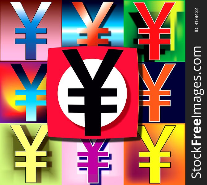Yen symbol arranged in a POP art arrangement with oversized Yen on a flag center. Yen symbol arranged in a POP art arrangement with oversized Yen on a flag center