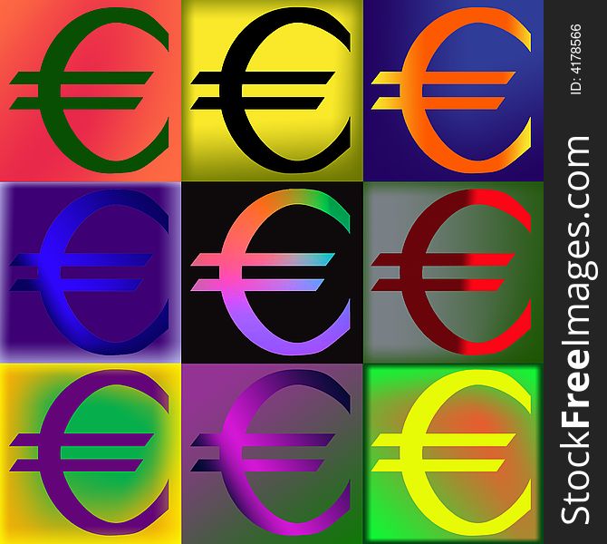 Euro symbol arranged in a POP art arrangement. Euro symbol arranged in a POP art arrangement