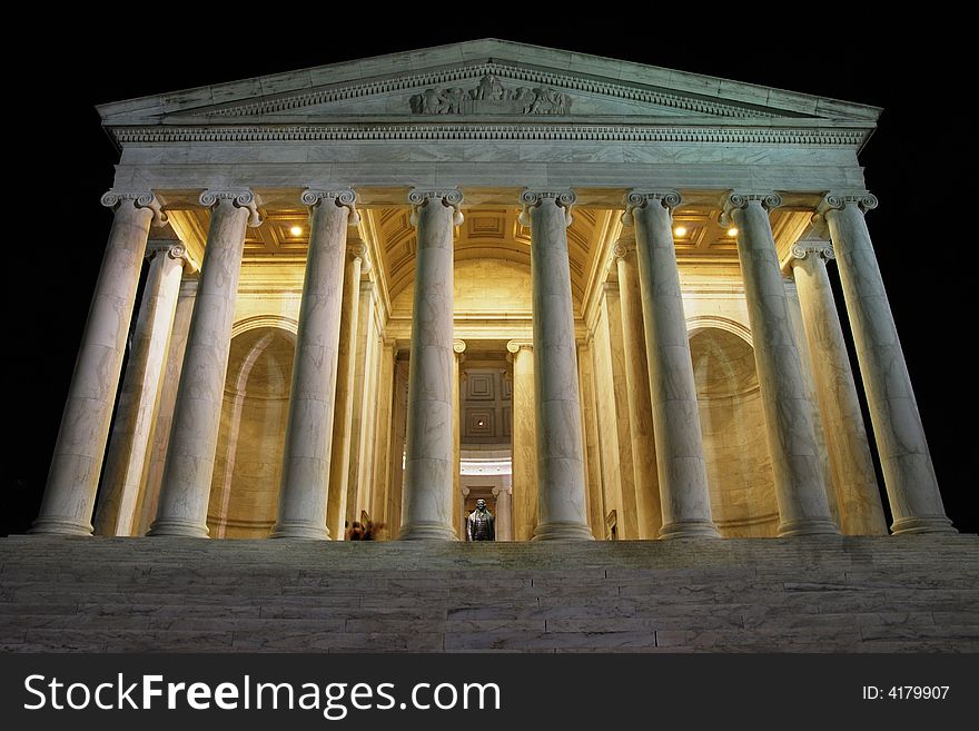 The Jefferson Memorial in front of the steps at night time in Washington DC. The Jefferson Memorial in front of the steps at night time in Washington DC.