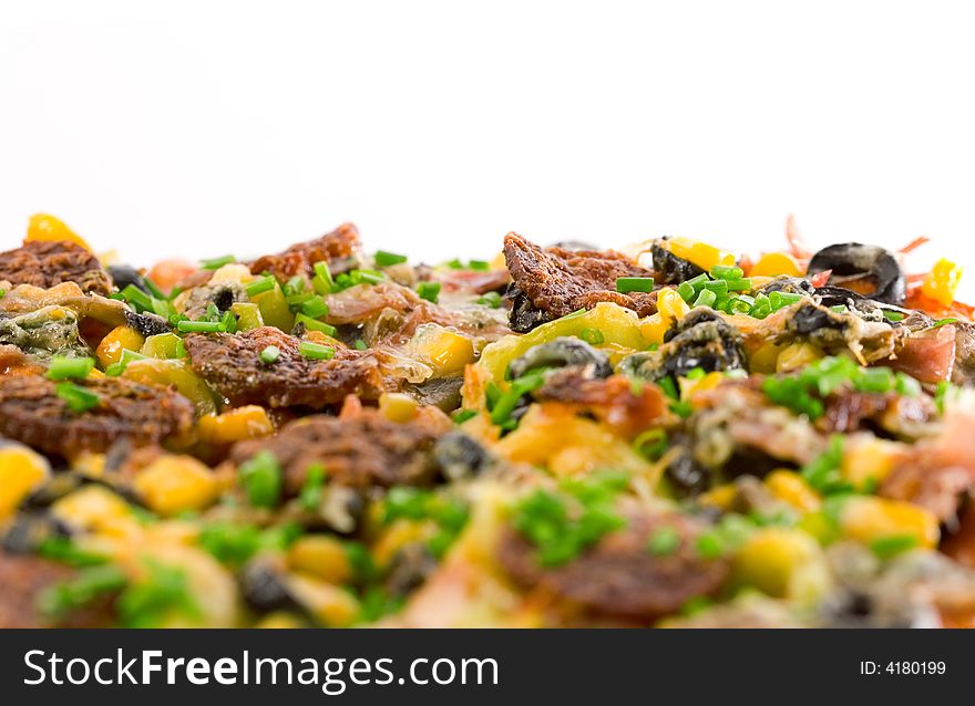 Closeup homemade pizza on white background.