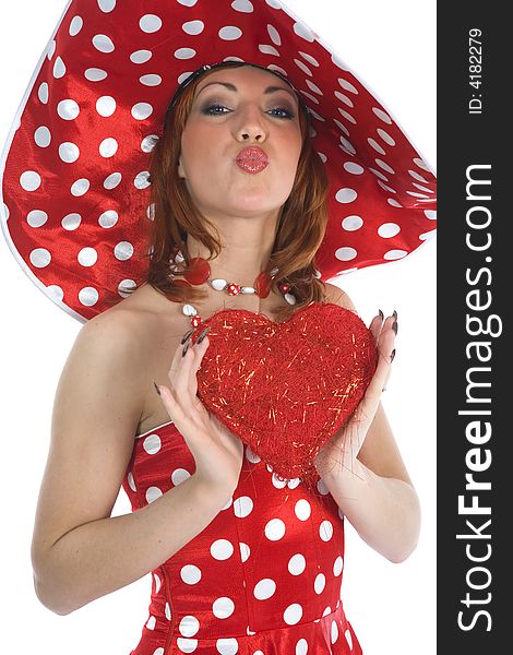 Portrait redheaded with spotted dress on white background