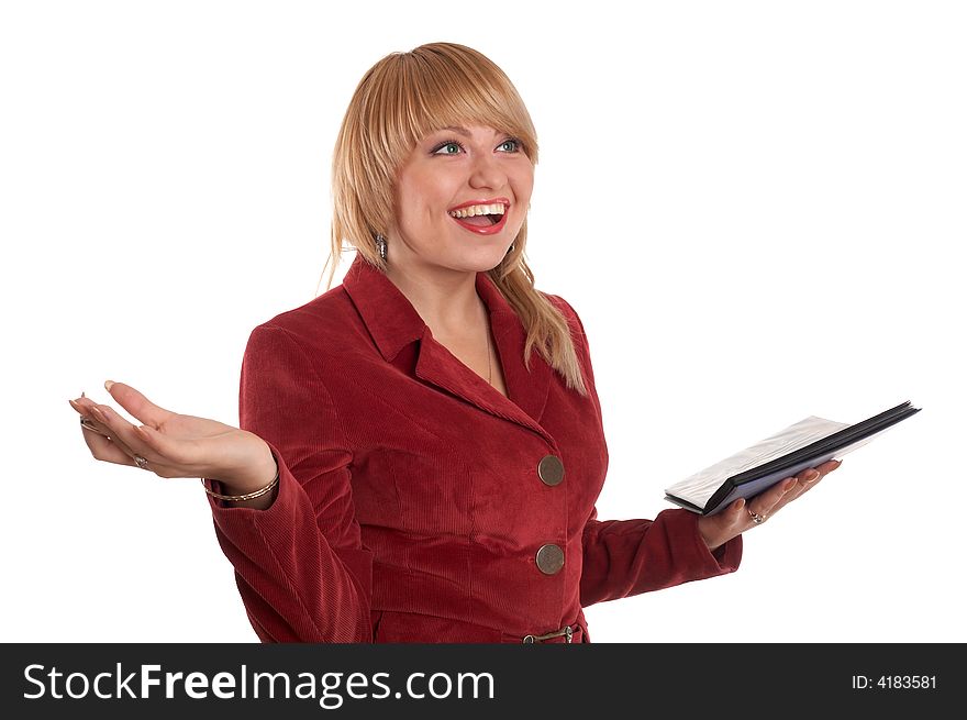 A glad businesswoman showing a gesture of excitement. A glad businesswoman showing a gesture of excitement