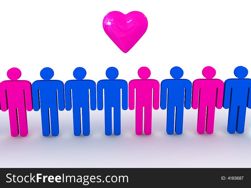 People in line with heart symbol - 3d illustration. People in line with heart symbol - 3d illustration