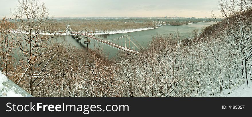 Winter river and bridg, Kiev