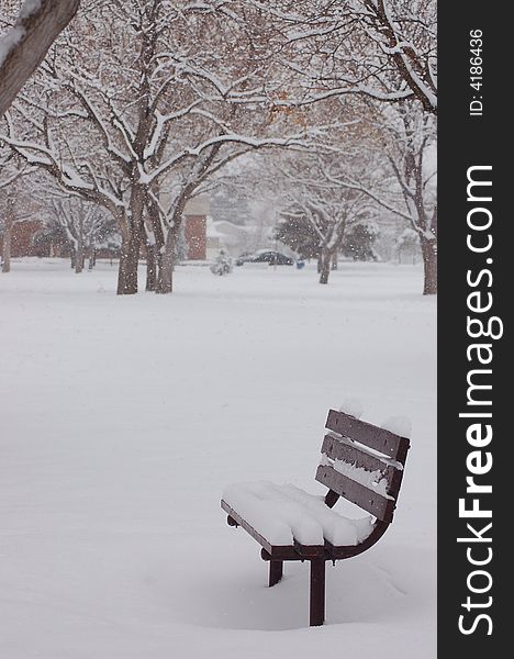 Lonely bench in winter scene.