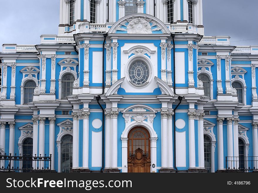 Facade of a Smolny cathedral. St.Petersburg, Russia