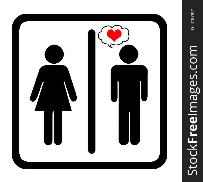 Women's And Men's Toilets Sign With Red Heart. Women's And Men's Toilets Sign With Red Heart