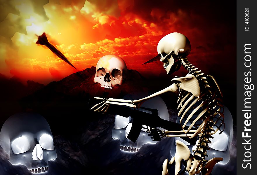 An conceptual image of a skeleton with a gun, it would be good to represent concepts of war. An conceptual image of a skeleton with a gun, it would be good to represent concepts of war.