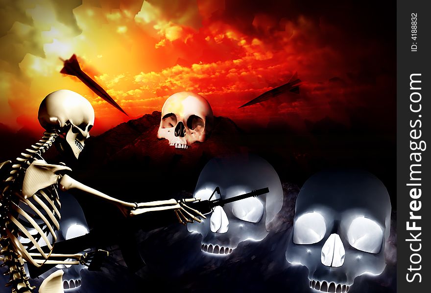 An conceptual image of a skeleton with a gun, it would be good to represent concepts of war. An conceptual image of a skeleton with a gun, it would be good to represent concepts of war.