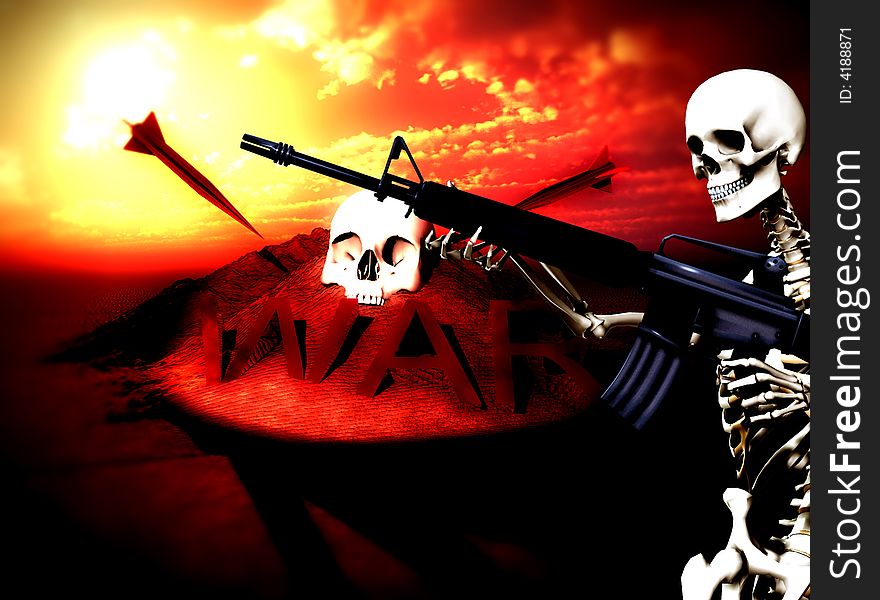 An conceptual image of a skeleton with a gun, it would be good to represent concepts of war. An conceptual image of a skeleton with a gun, it would be good to represent concepts of war.