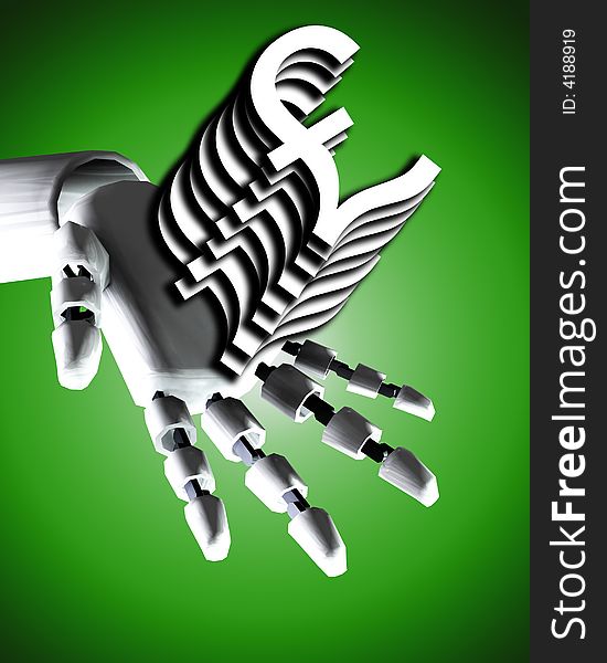 A conceptual image of a robot hand with a pound, it would be a good image for technology and money concepts. A conceptual image of a robot hand with a pound, it would be a good image for technology and money concepts.