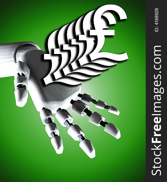 A conceptual image of a robot hand with a pound, it would be a good image for technology and money concepts. A conceptual image of a robot hand with a pound, it would be a good image for technology and money concepts.