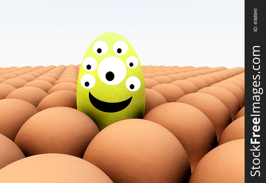 A unique humorous egg creature, that is with a pile of conformist identical eggs. A unique humorous egg creature, that is with a pile of conformist identical eggs.