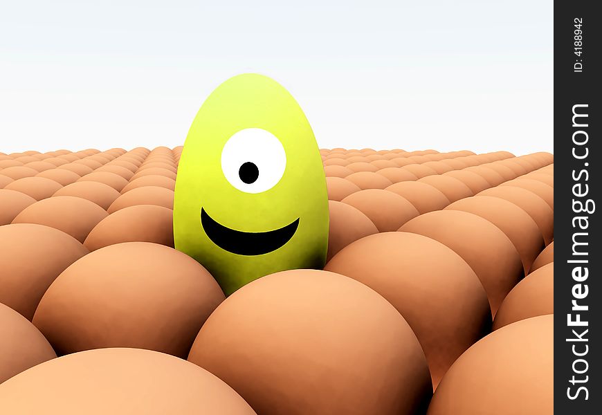 A unique humorous egg creature, that is with a pile of conformist identical eggs. A unique humorous egg creature, that is with a pile of conformist identical eggs.