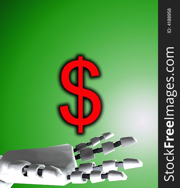 A conceptual image of a robot hand with a dollar, it would be a good image for technology and money concepts. A conceptual image of a robot hand with a dollar, it would be a good image for technology and money concepts.