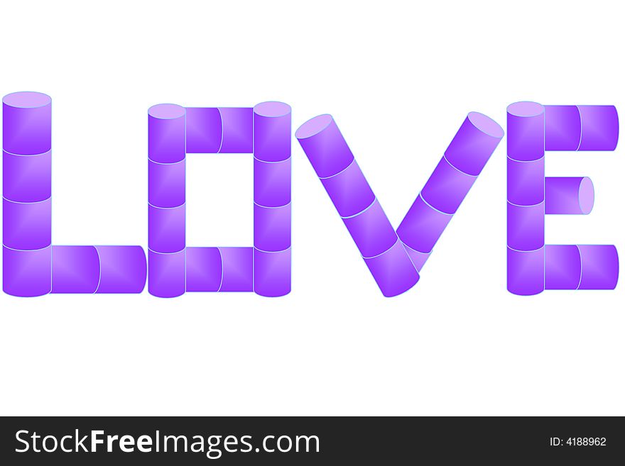 Purple cylinders stacked to make letters love. Purple cylinders stacked to make letters love