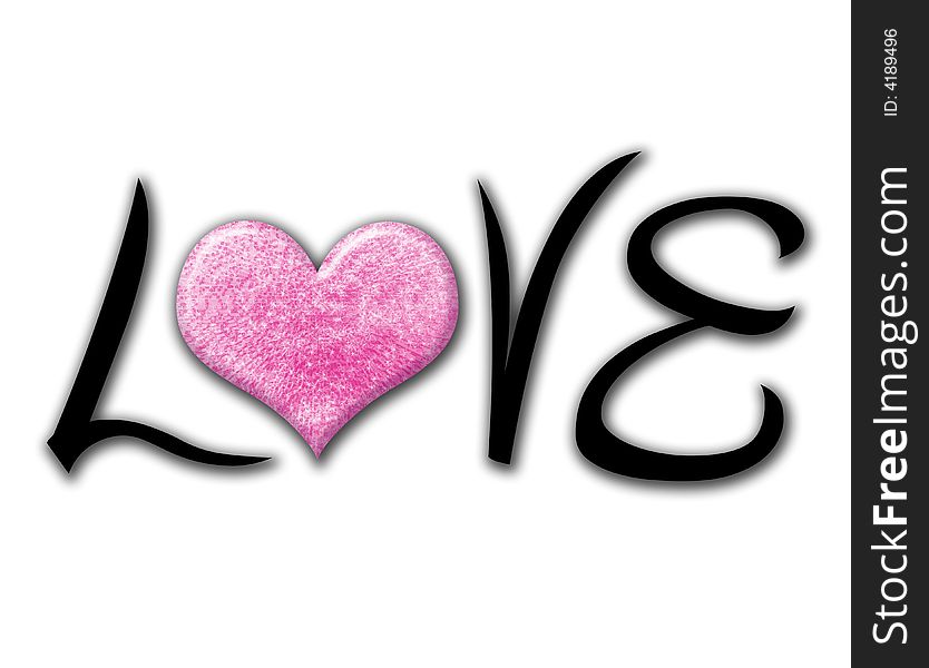 An illustration of the word love using a pink glittery heart for the O.