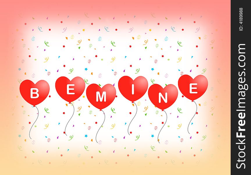 Be mine valentine's day greeting card with red heart balloons and falling confetti. Be mine valentine's day greeting card with red heart balloons and falling confetti.