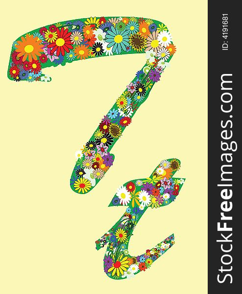 Letter t  with flowers on yellow background