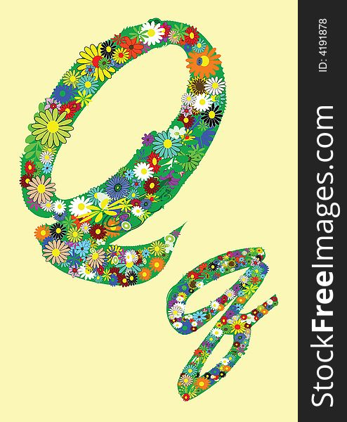 Letter q with flowers on yellow background