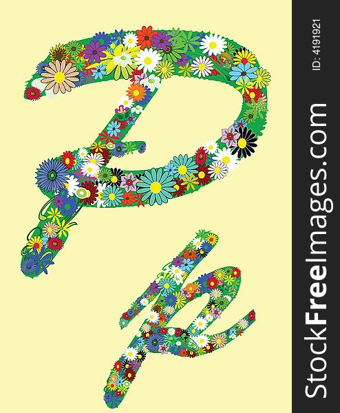 Letter p with flowers on yellow background